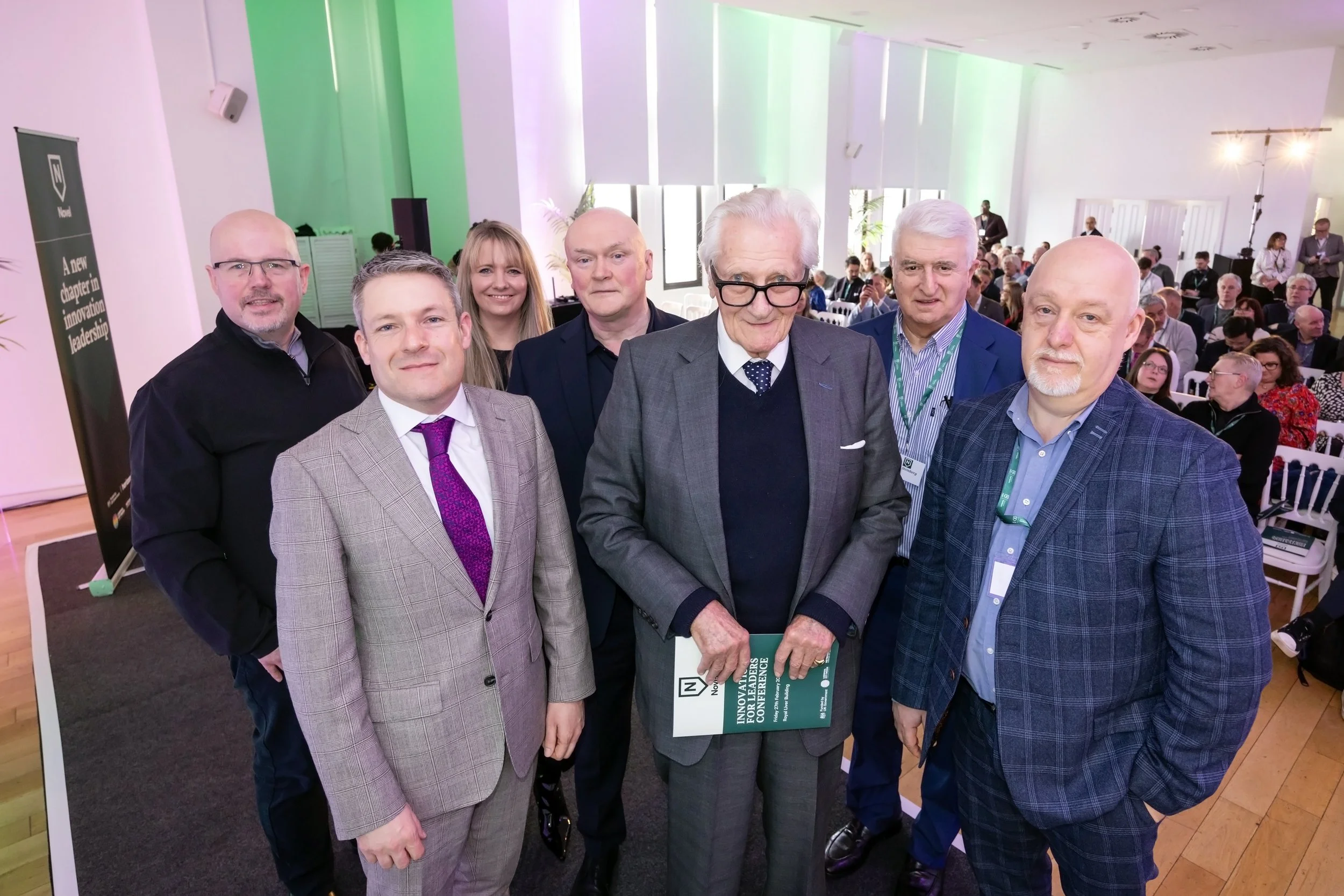 Novel Conference at the Royal Liver Building. The photo includes from left to right, Jim Mooney of JPL Flavours, Andrew Borland and Emma Green of the VEC, University of Liverpool, Jon Corner, Lord Heseltine, Max Steinberg, and Andrew Levers