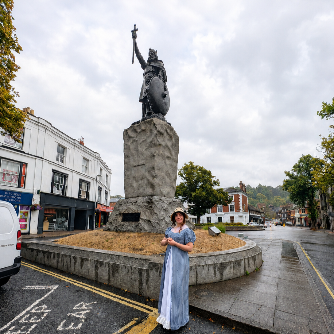 A woman in a long, blue striped dress and hat standing in front of a large war monument depicting a warrior holding a sword and shield, in an urban area on a cloudy, rainy day.