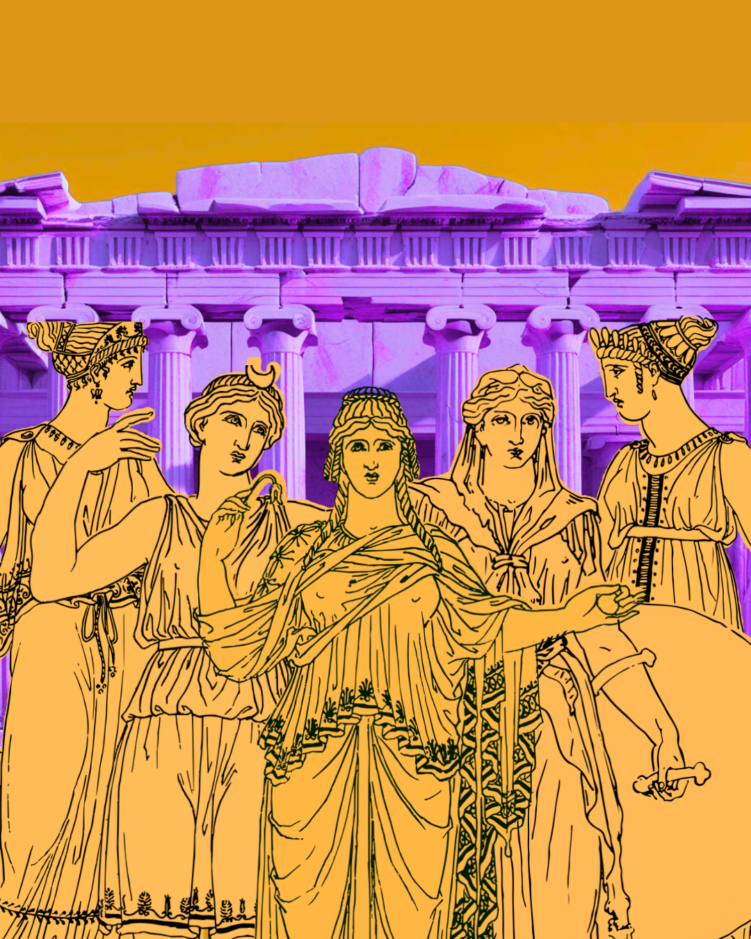 Poster image for 'The Heroines' produced by Electric Women Productions featuring an illustration of ancient Greek women statues in orange, with a purple-lit façade of a classical building or temple in the background.