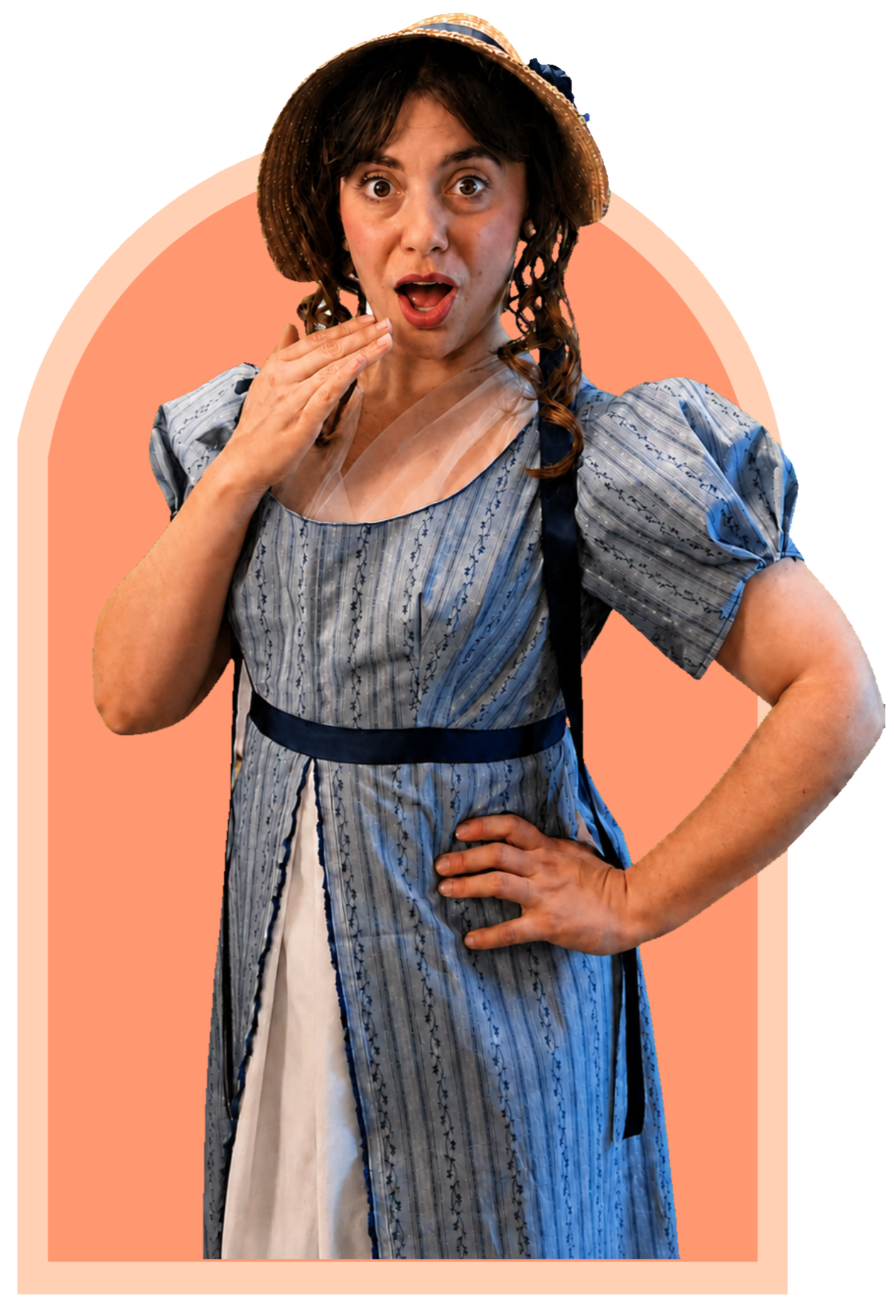 Miss Deane dressed in a pale blue regency dress with a surprise or astonished expression, a wide-brimmed straw hat, and standing against a peach-colored background.