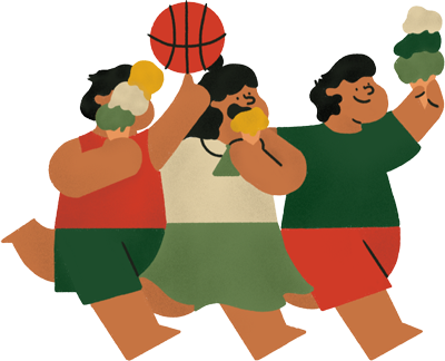 Four children playing basketball, holding a ball in the air, smiling, and walking together.
