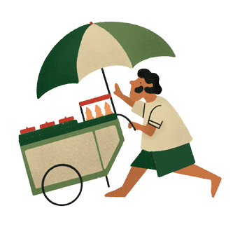 A person kneeling beside a food cart with an umbrella, reaching for a drink.