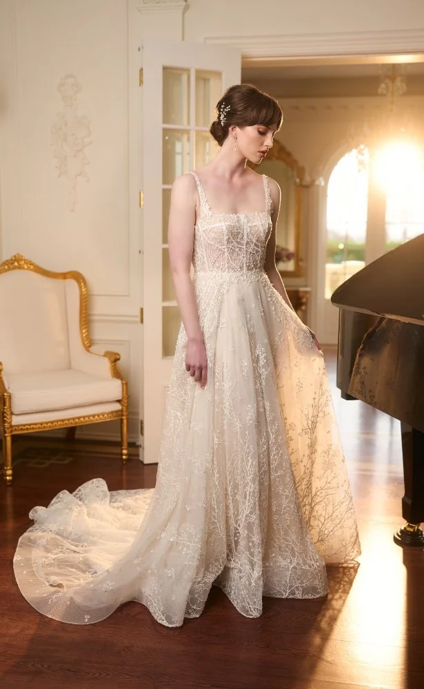 Discounted square neckline wedding dress with a line skirt and lace