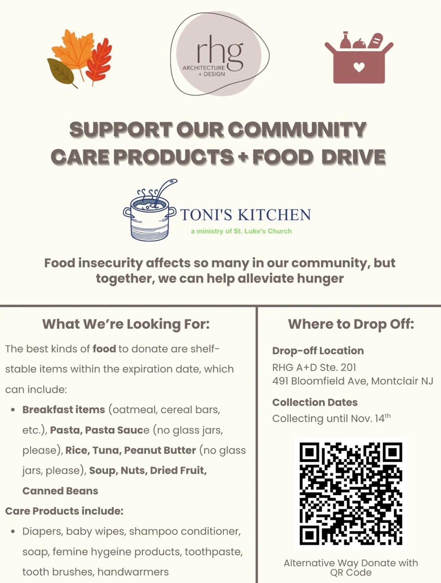 We&rsquo;re collecting food and personal care products - if you&rsquo;re in the neighborhood or coming in for a meeting bring your donations.  OR use the QR code to donate direct to Toni&rsquo;s Kitchen.  Although SNAP will be restarted there is stil