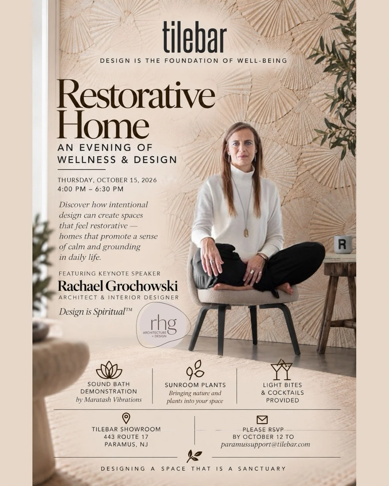 Join Rachael at the TileBar Paramus showroom on Thursday, October 15, for an evening exploring how intentional design can create calm, restorative spaces. Enjoy light bites, cocktails, and a relaxing sound bath demonstration.
Details:
Thursday, Octob