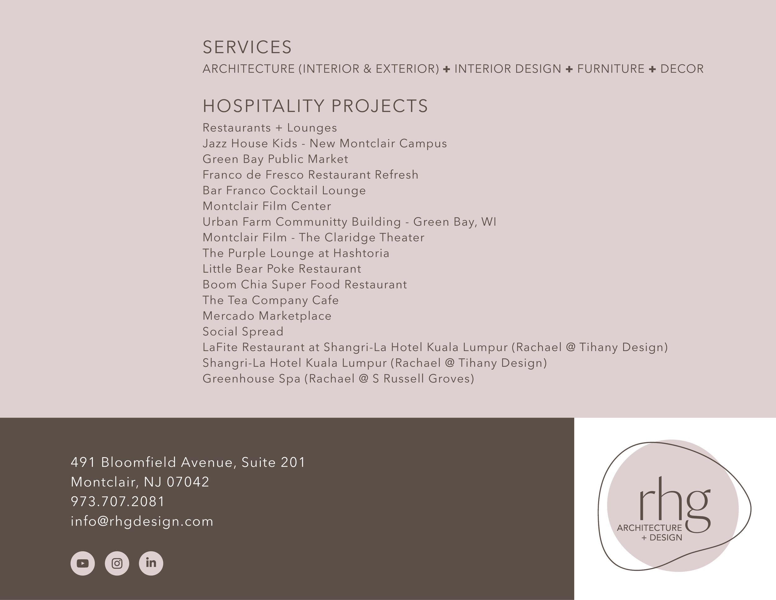 Business card with services related to architecture, interior design, furniture, decor, and hospitality projects. Contact information includes address in Montclair, NJ, phone number, and email. Social media icons for YouTube, Instagram, and LinkedIn 