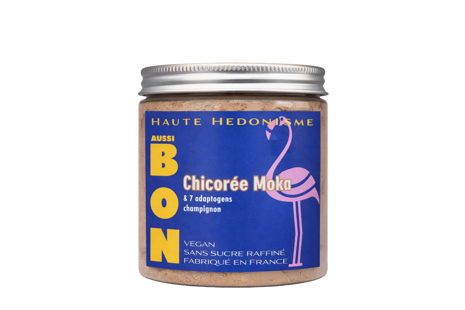 Pot de bouillon végétal aux champignons, avec étiquette bleue, illustration de flamant rose et mention fabriqué en France.