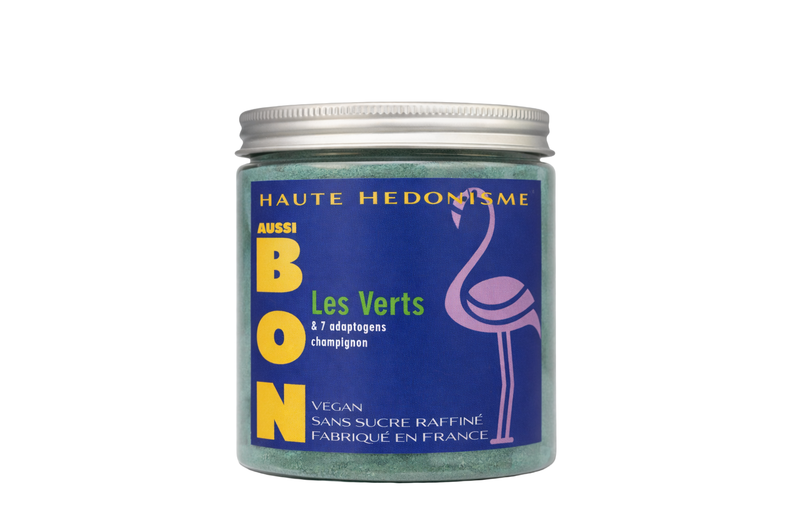 Pot de bouillon vert végétal Les Verts, riche en fibres, avec étiquette bleue et illustration de flamant rose.