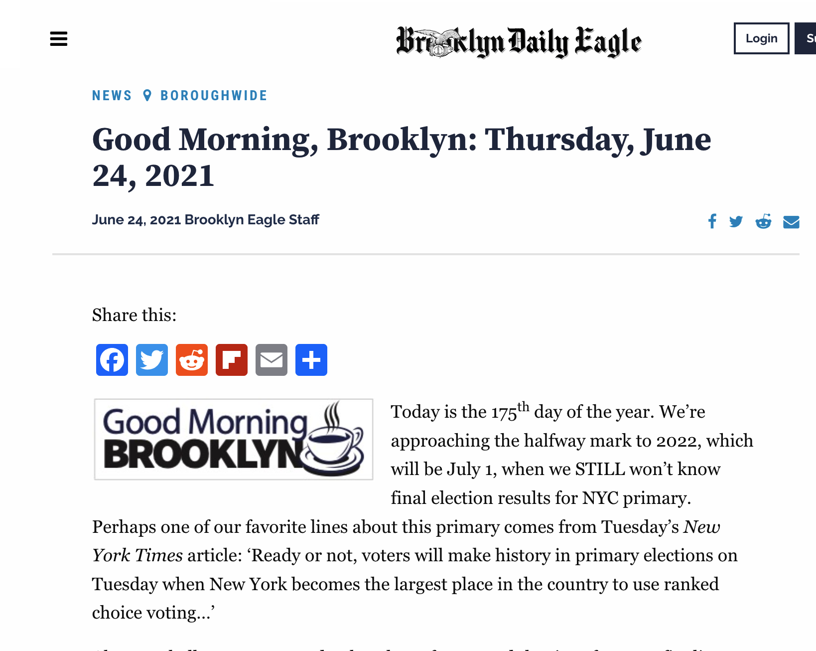 Logo for Brooklyn Daily Eagle with a steaming coffee cup icon and the text "Good Morning Brooklyn".