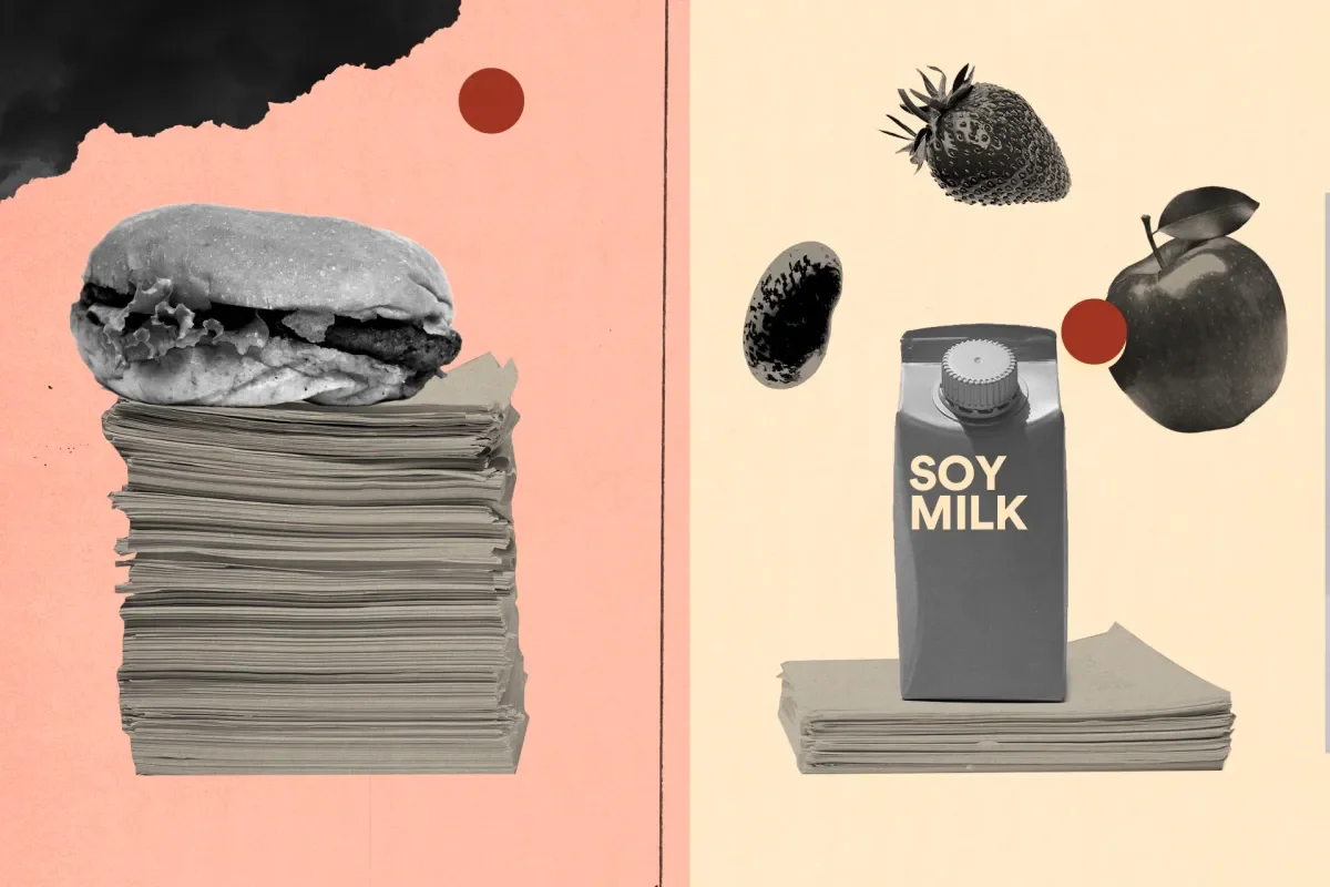 Black and white collage with a burger on top of a stack of papers on the left side; on the right side, a soy milk carton surrounded by a strawberry, an apple, a grape, and a blackberry, all positioned above a stack of papers.
