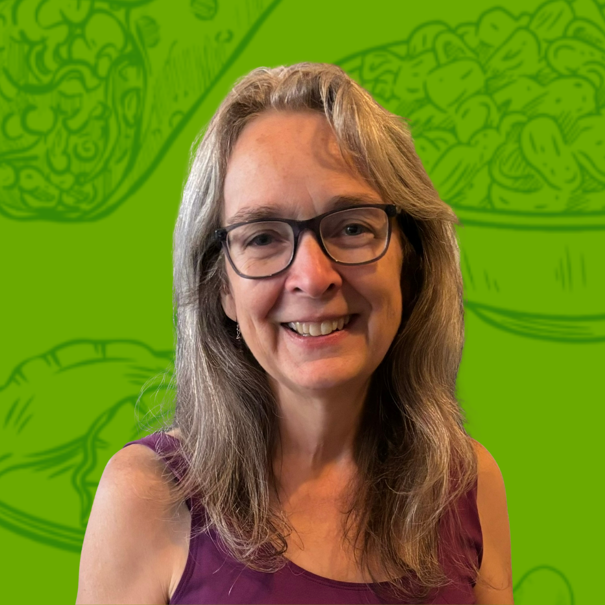 Portrait of a woman with glasses and brown, wavy hair, smiling, wearing a purple jacket, with a background featuring green line drawings of various food items.