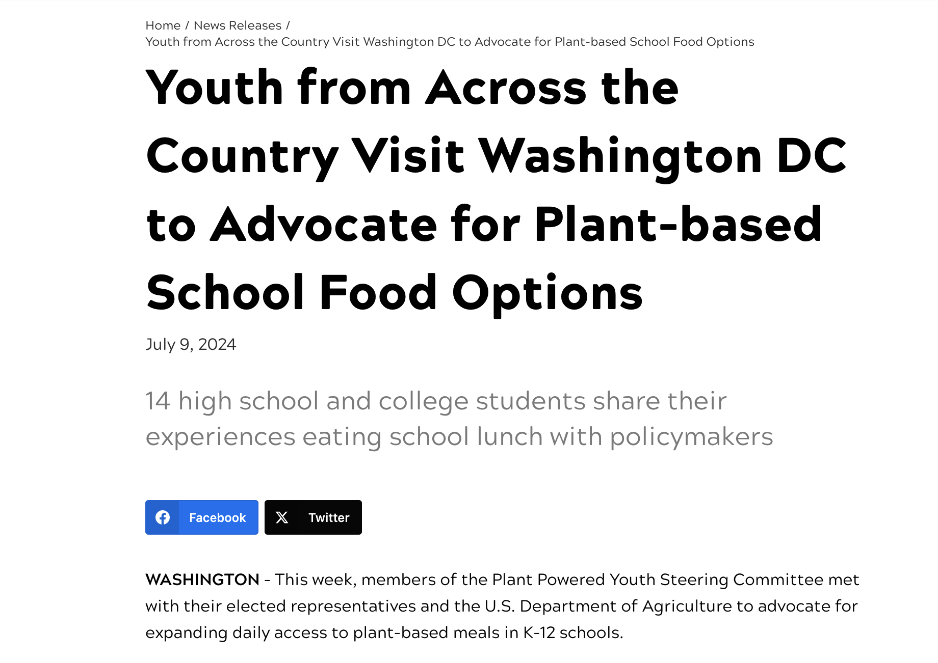 Screenshot of a news article titled 'Youth from Across the Country Visit Washington DC to Advocate for Plant-based School Food Options,' dated July 9, 2024. The article discusses high school and college students sharing their experiences, with social media icons for Facebook and Twitter.