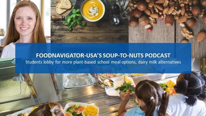Students serving and selecting plant-based school meals at a cafeteria lunch line, with a blue banner promoting a podcast about plant-based school meal options and non-dairy milk alternatives.