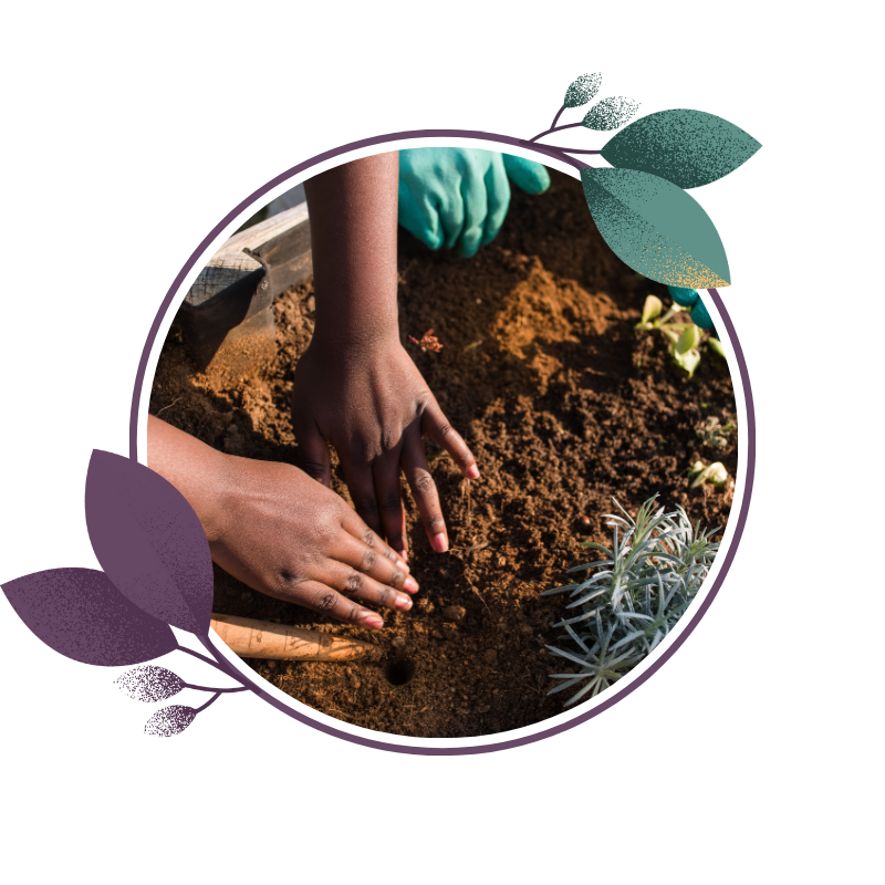 Two children planting seeds in a flower bed, with one child's hands covering the soil and the other child's hand touching the soil, surrounded by gardening tools and plants.