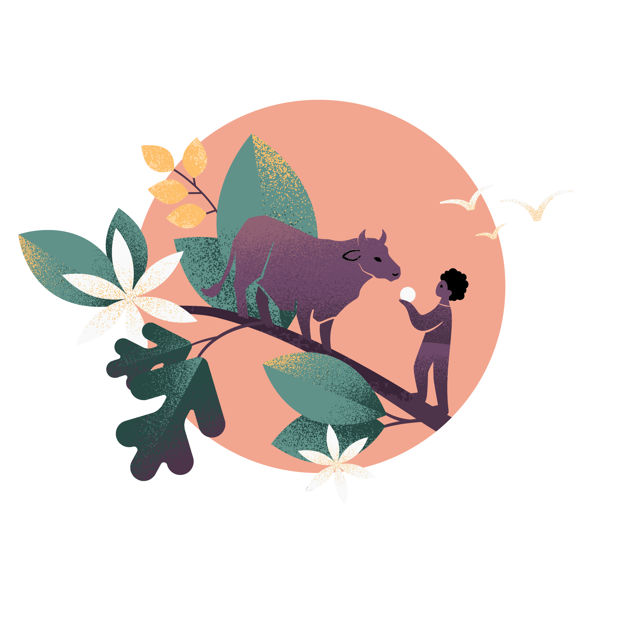 An illustration of a person and a buffalo standing on a branch surrounded by leaves and white flowers, with a pink circle background and three birds flying in the sky.