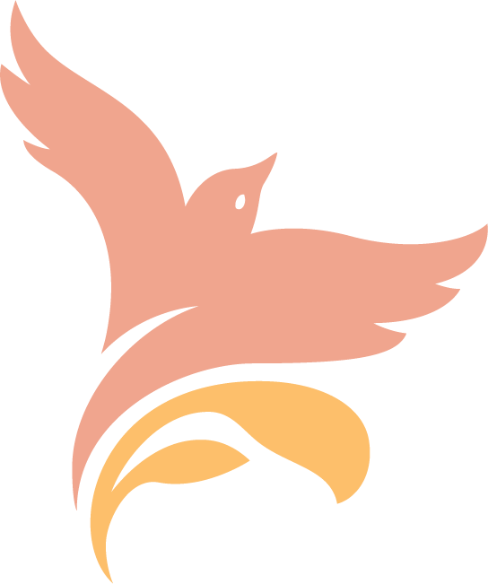 Stylized bird with pink and orange feathers on a black background.