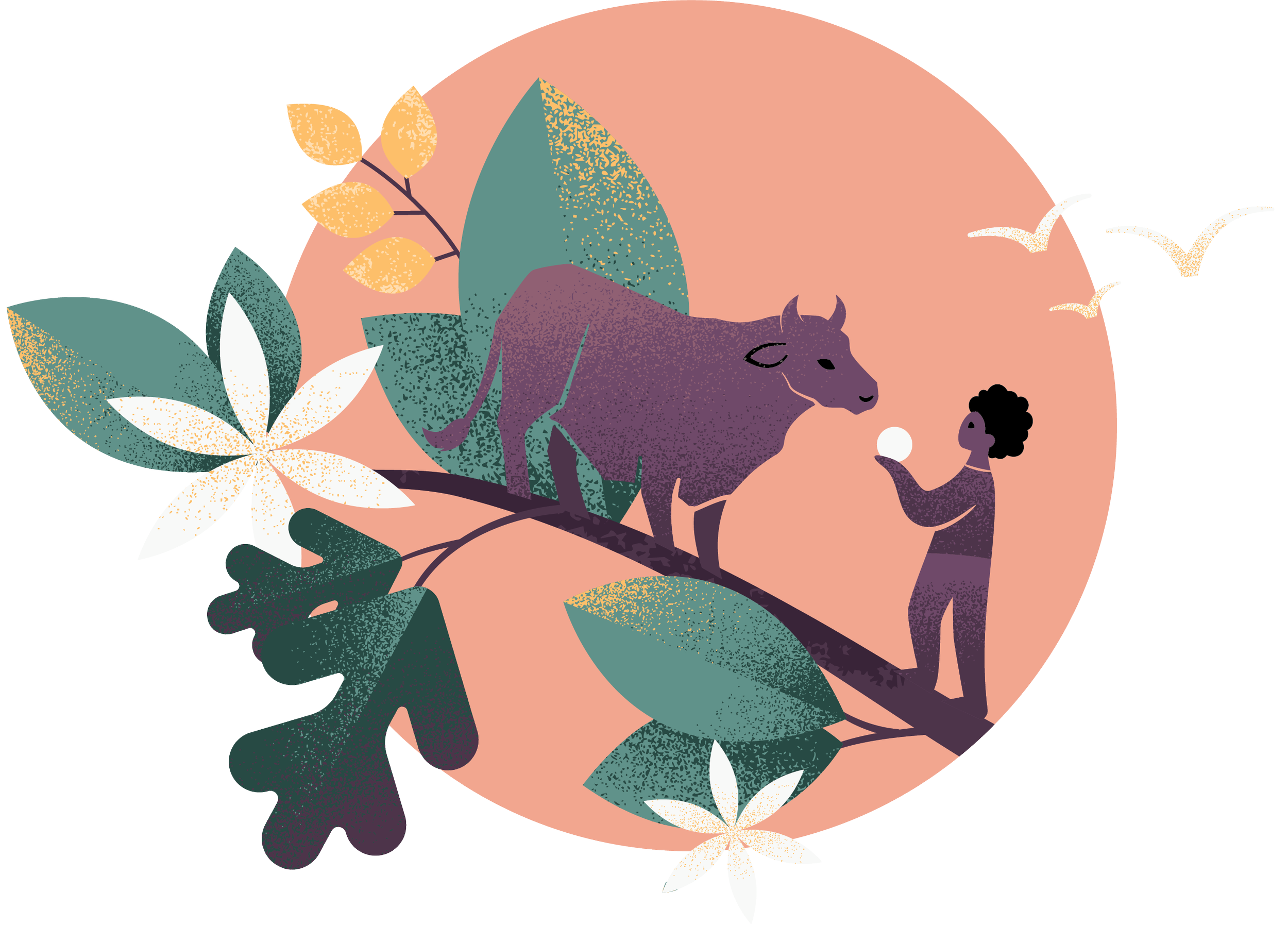 Illustration of a boy and a purple cow sitting on a branch with green and white leaves and flowers, with a large pink background and birds flying in the sky.
