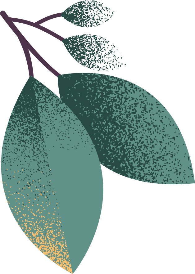 Stylized illustration of a branch with six textured leaves in shades of green and teal against a black background.