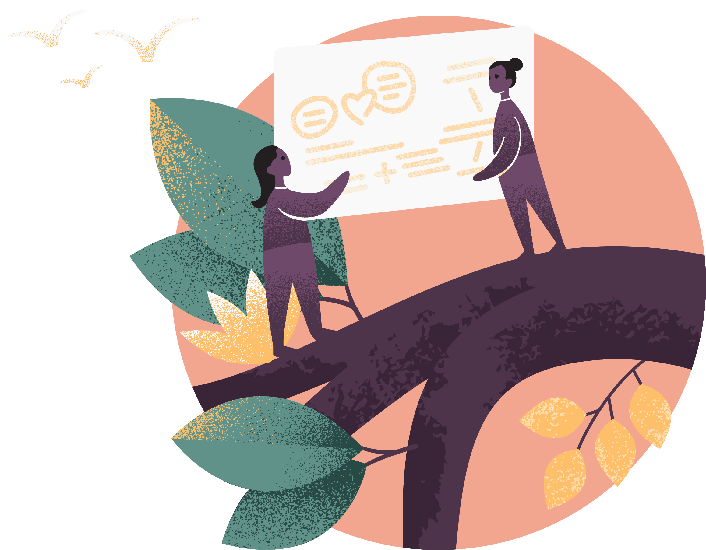 Illustration of two women standing on a tree branch, discussing a diagram of social media icons and mathematical symbols projected on a screen.