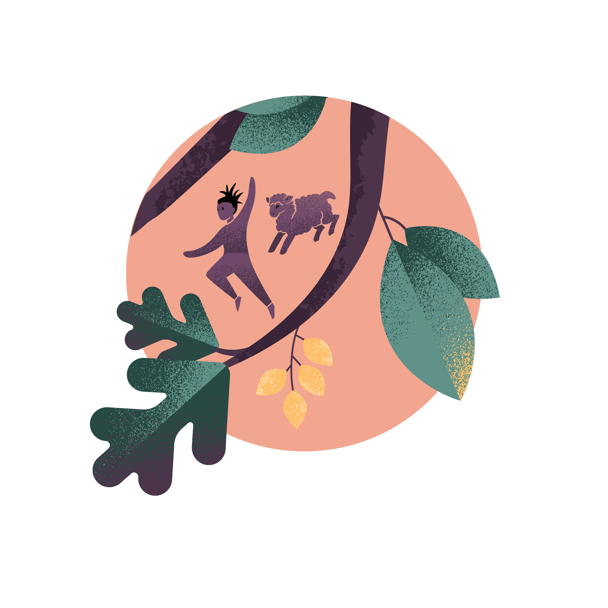 Illustration of a person with spiky hair, jumping on a tree branch with a small dog, surrounded by green leaves and yellow berries on a pink circular background.