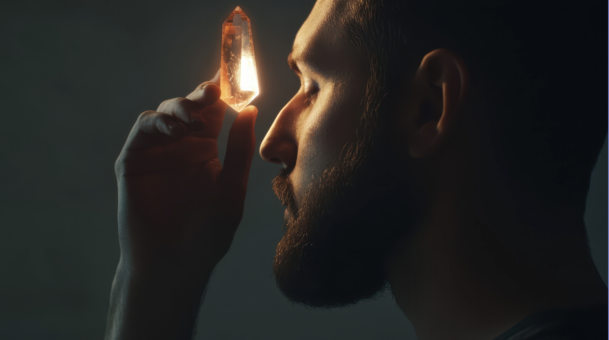 A man with a beard and short hair holds a glowing orange crystal close to his face in a dark setting, with soft lighting highlighting his facial features.