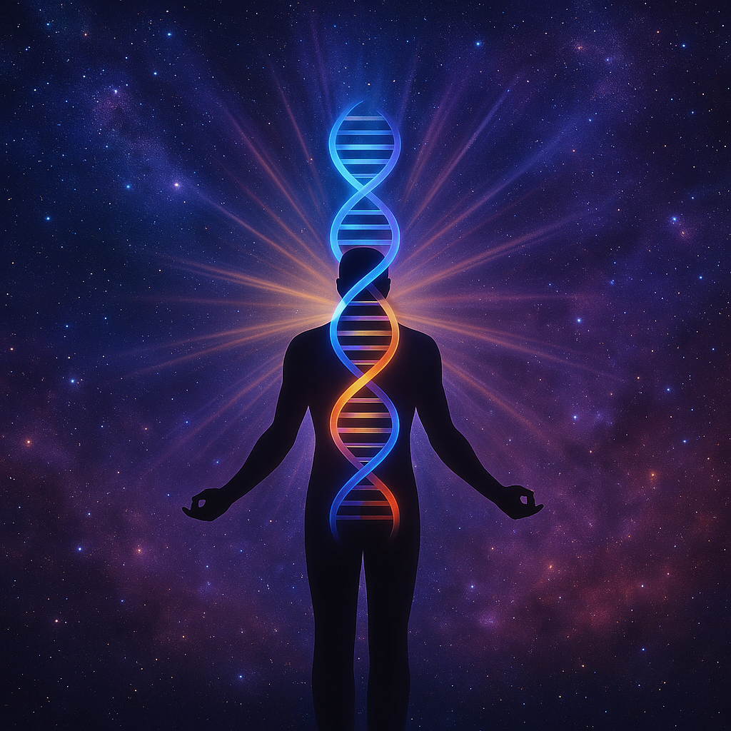 Silhouette of a person meditating with a glowing DNA strand spiraling through their body, set against a starry cosmic background with light rays emanating from the DNA.