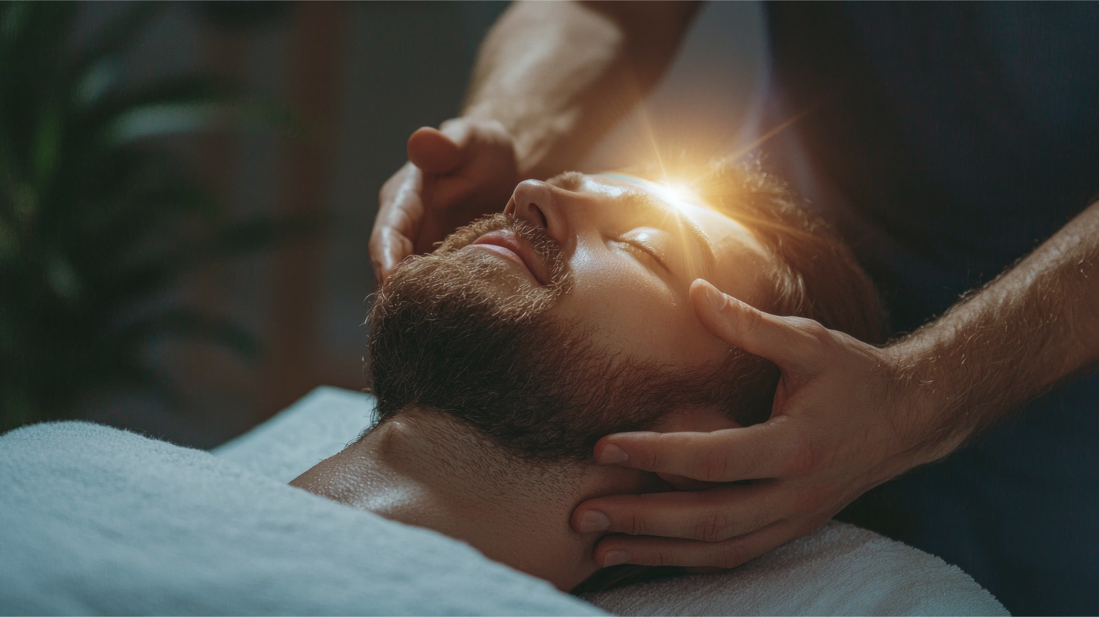 Man receiving energy transfer healing session through reiki.