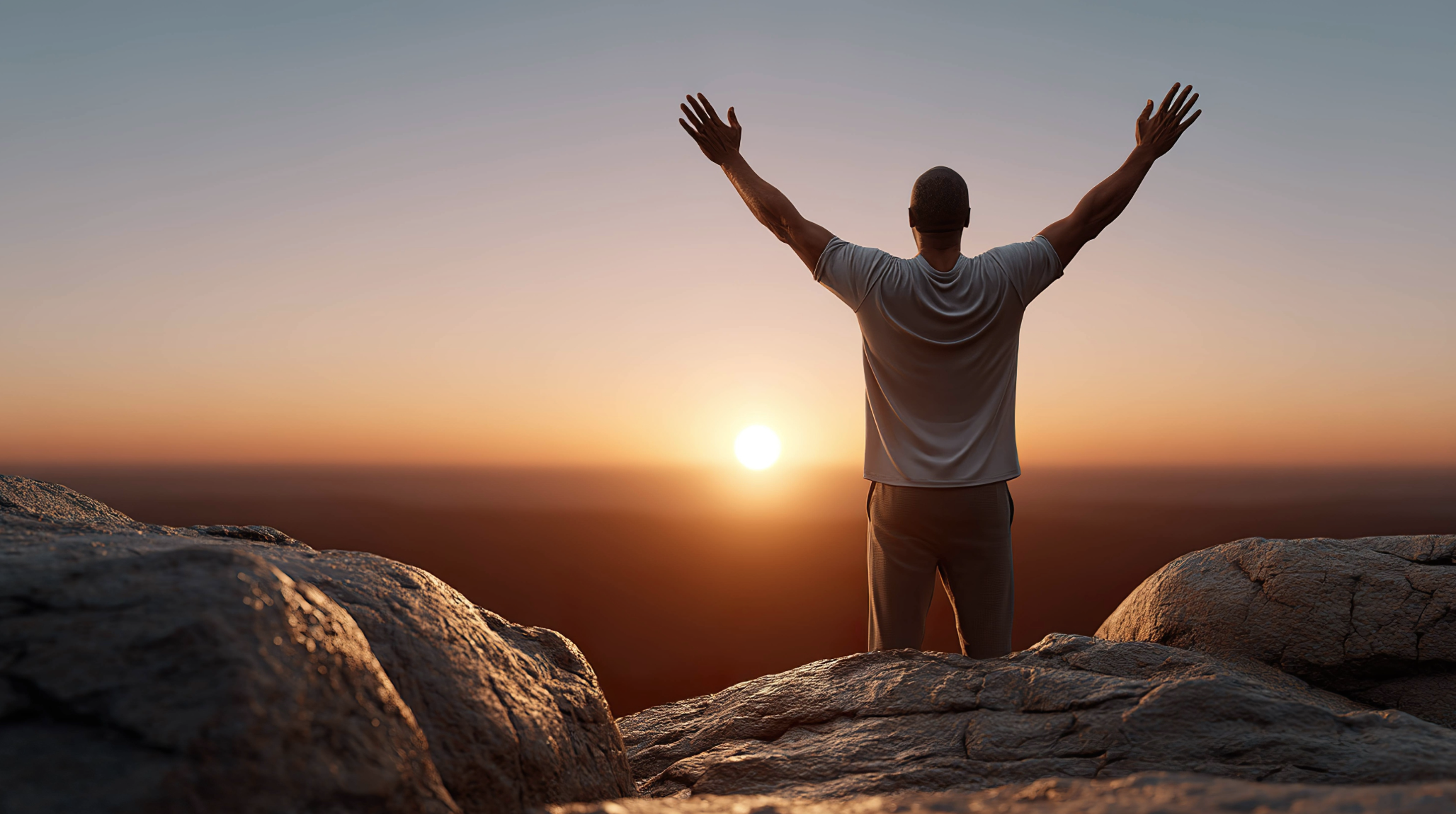 A man stands on rocky terrain with arms raised, watching the sunrise or sunset in a clear sky.