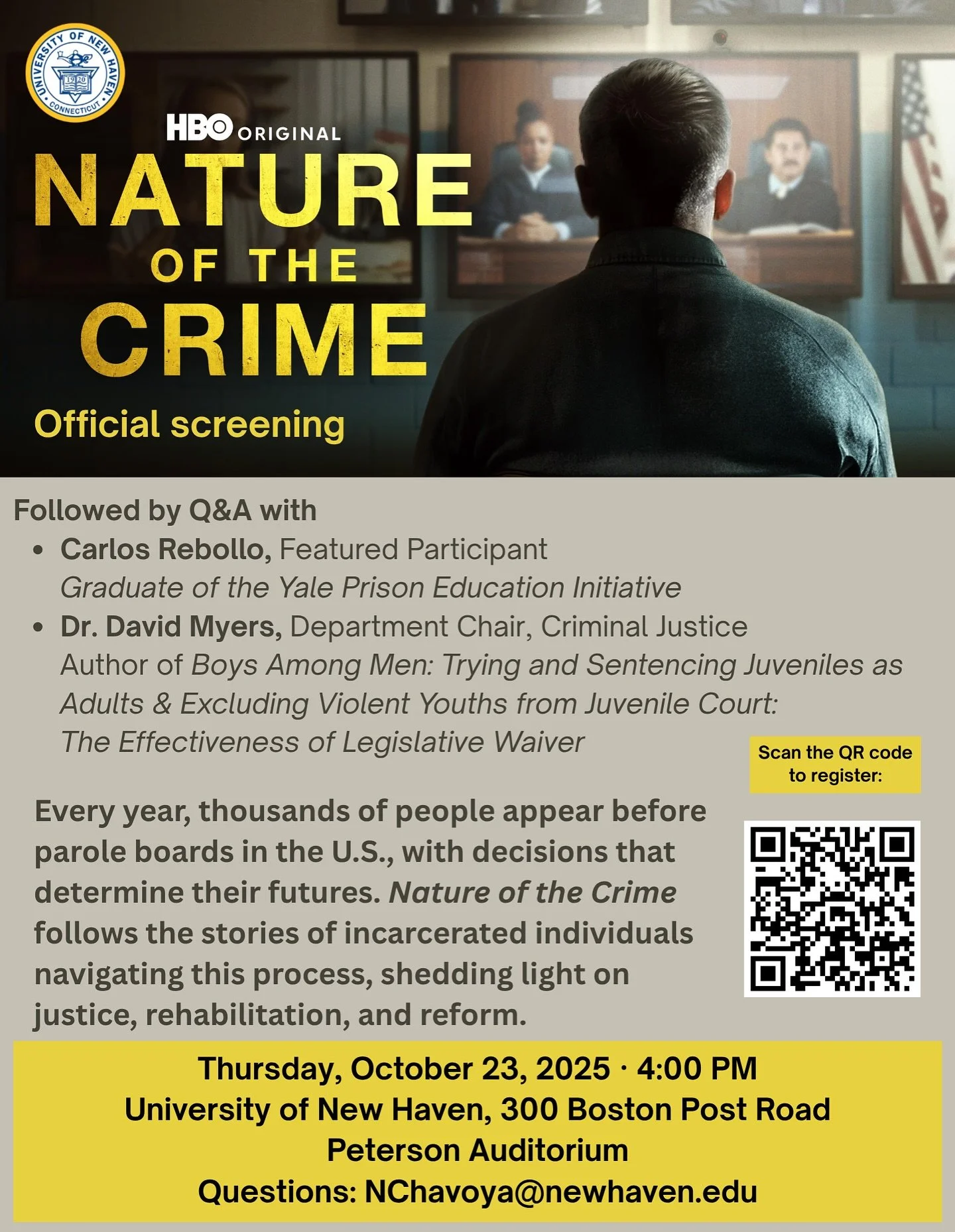 🎬 HBO Original Screening: Nature of the Crime

Join us for an official screening of Nature of the Crime, followed by a Q&amp;A with:

&bull; Carlos Rebollo, Graduate of the Yale Prison Education Initiative
&bull; Dr. David Myers, Department Chair of