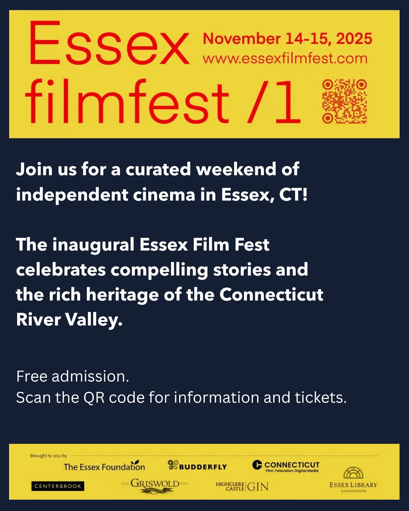 🎬 ANNOUNCING THE INAUGURAL ESSEX FILM FEST! 🎬

Mark your calendars for a brand-new cinematic experience in New England! The first annual Essex Film Fest will take place November 14&ndash;15, 2025, in the beautiful and storied river town of Essex, C