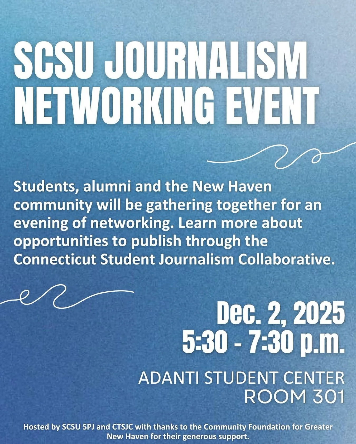 🗞️ Calling all journalism students, alumni, and New Haven storytellers! 

Join us for an evening of connection and opportunity at the SCSU Journalism Networking Event on Dec. 2, 2025, 5:30&ndash;7:30 p.m. in Adanti Student Center Room 301.

Learn mo