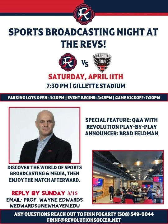 🎙️⚽ Sports Broadcasting Night at the Revs!

Hear from Revolution play-by-play announcer Brad Feldman, learn about careers in sports media, and watch the New England Revolution take on D.C. United at Gillette Stadium.

📅 April 11 | 7:30 PM
📍 Gillet
