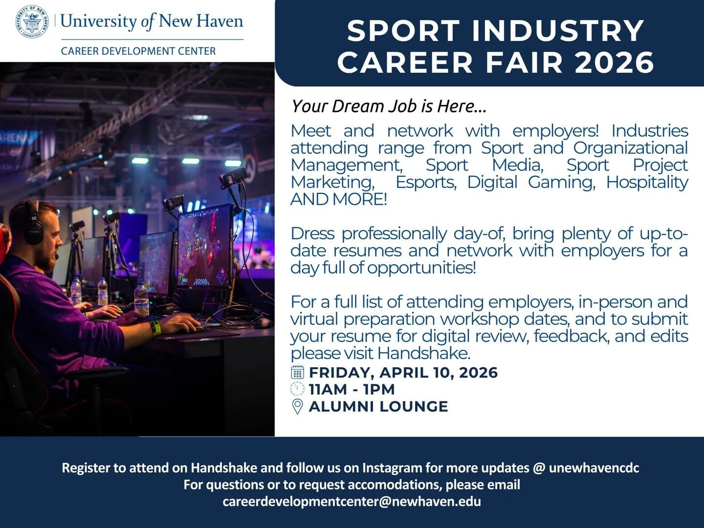 Your dream job starts here 👀 Don&rsquo;t miss the Sport Industry Career Fair&mdash;network, explore opportunities, and take the next step in your career.
📅 April 10 | ⏰ 11&ndash;1 | 📍 Alumni Lounge Register on Handshake!