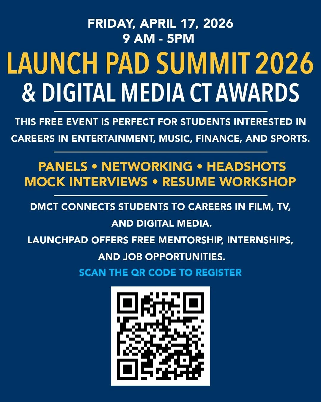 Ready to take the next step in your career?
Join us at the LaunchPad Summit &amp; DMCT Awards for a full day of panels, networking, headshots, and career-building opportunities.
🚌 Transportation is available for students and faculty 📲 Scan the QR c