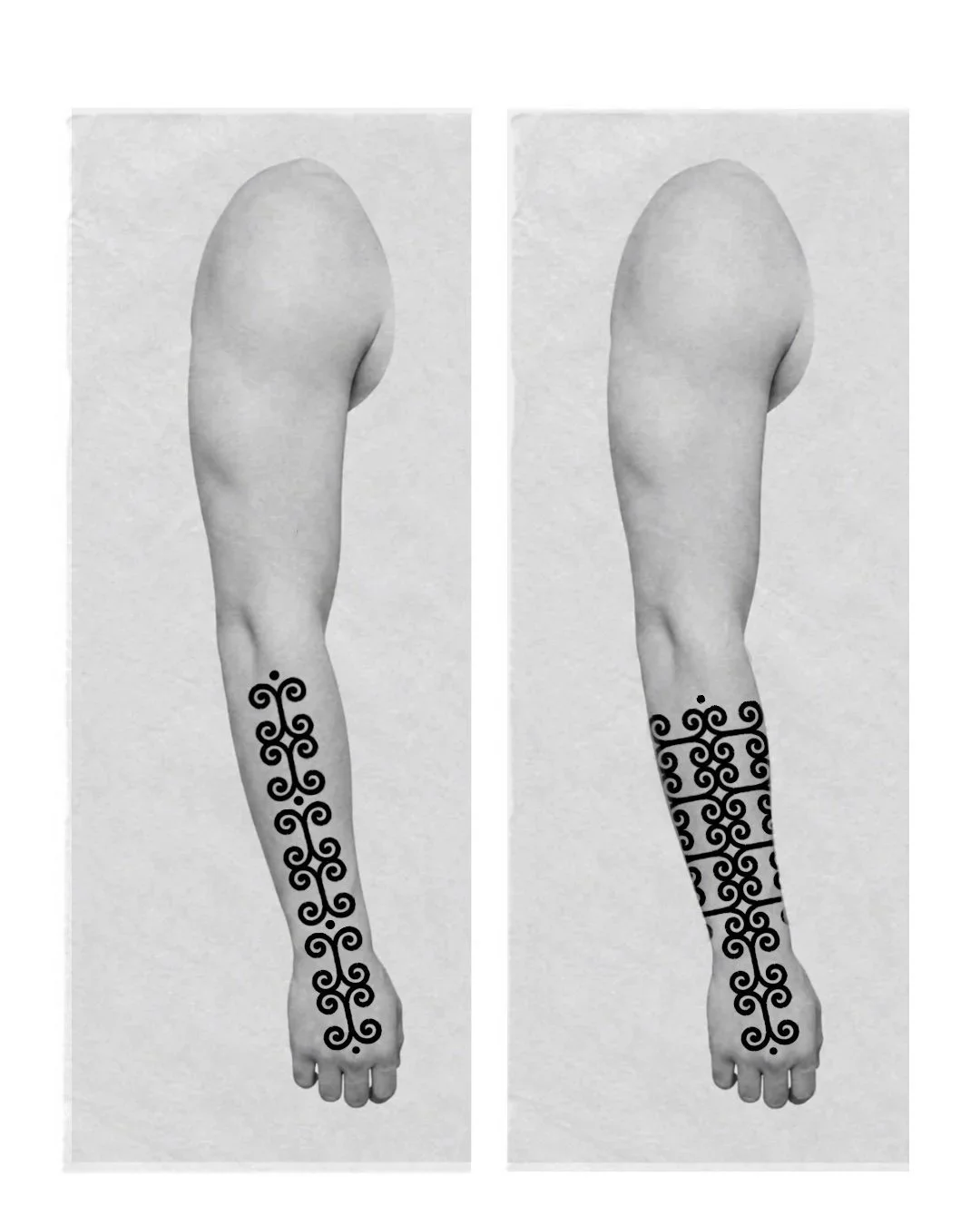 Deux images de bras humains avec des tatouages noirs et complexes sur l'avant-bras, vues de profil, l'une avec le bras tendu vers le bas, la autre avec le bras plié.