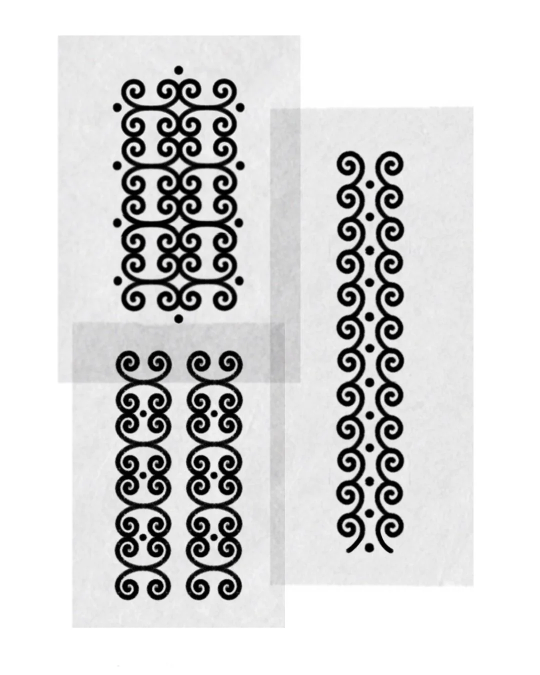 Gabarit de tatouage avec motif ancien en spirale noire, répétée en ligne verticale, sur fond blanc.