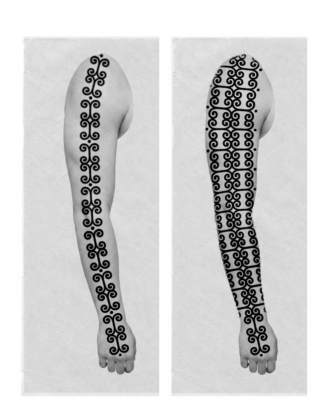 Deux bras humains avec des tatouages noirs en motifs de spirale et d'entrelacs.