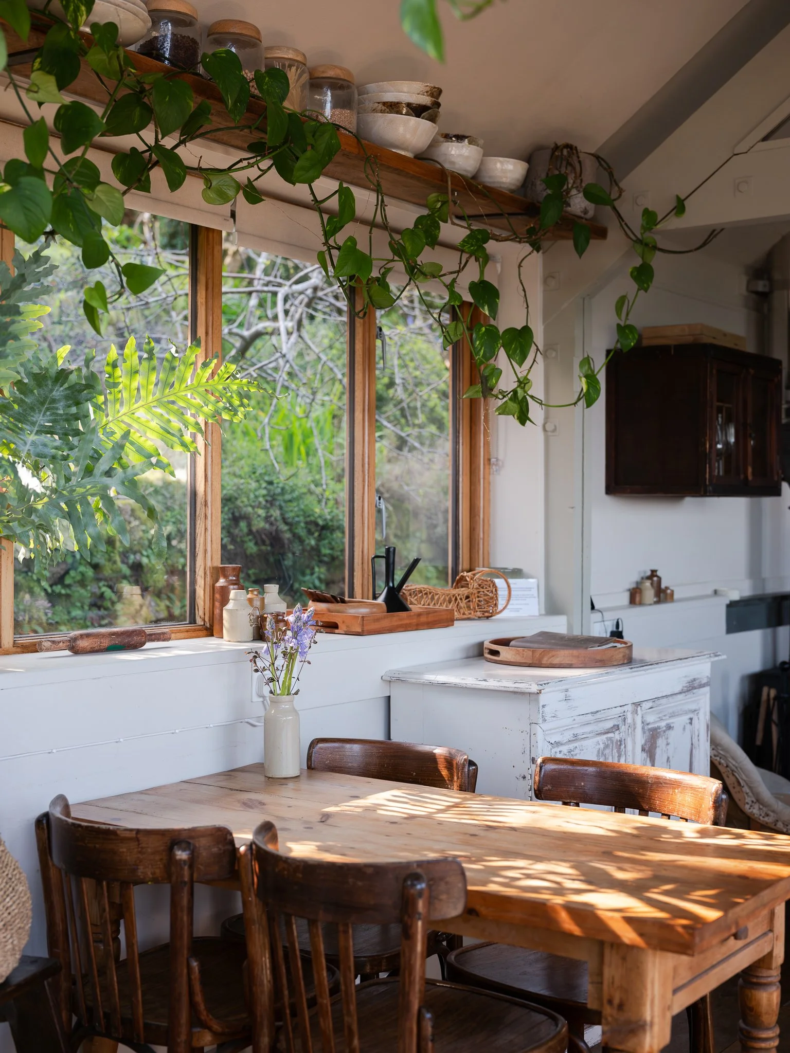 A cozy kitchen corner with a wooden dining table and wooden chairs, decorated with a vase of purple flowers, natural sunlight coming through large windows, and hanging green vines. There are shelves with bowls, jars, and kitchen accessories.