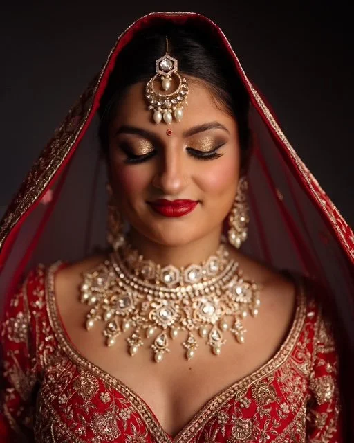 Woman dressed in traditional Indian bridal attire with a red and gold embroidered sari, adorned with gold jewelry, including a headpiece, earrings, and necklace, smiling with closed eyes. HS Glam Makeup Bridal Portfolio