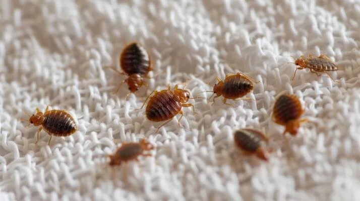 Multiple bed bugs on a white textured surface.