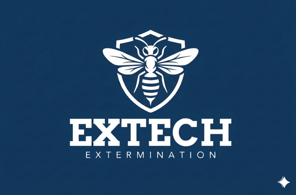 Logo d'une entreprise appelée EXTECH, avec une abeille stylisée à l'intérieur d'un bouclier. Le texte "EXTECH" en gros caractères et "EXTERMINATION" en plus petit en dessous.