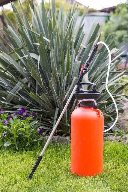 An outdoor garden scene featuring a large green plant, purple flowers, and a spray bottle with a long nozzle attached, positioned on a grassy area.