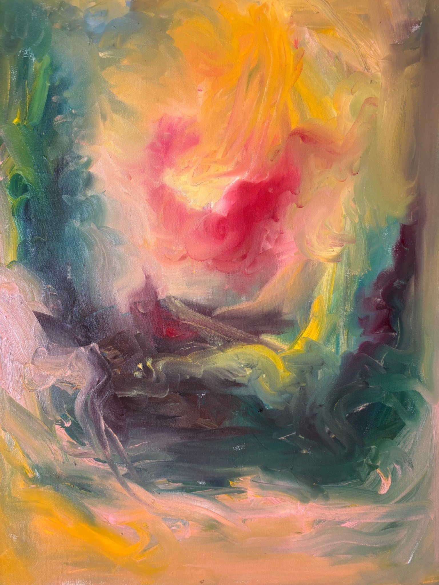 An abstract painting with soft yellow, peach, pink, green, and purple brushstrokes.