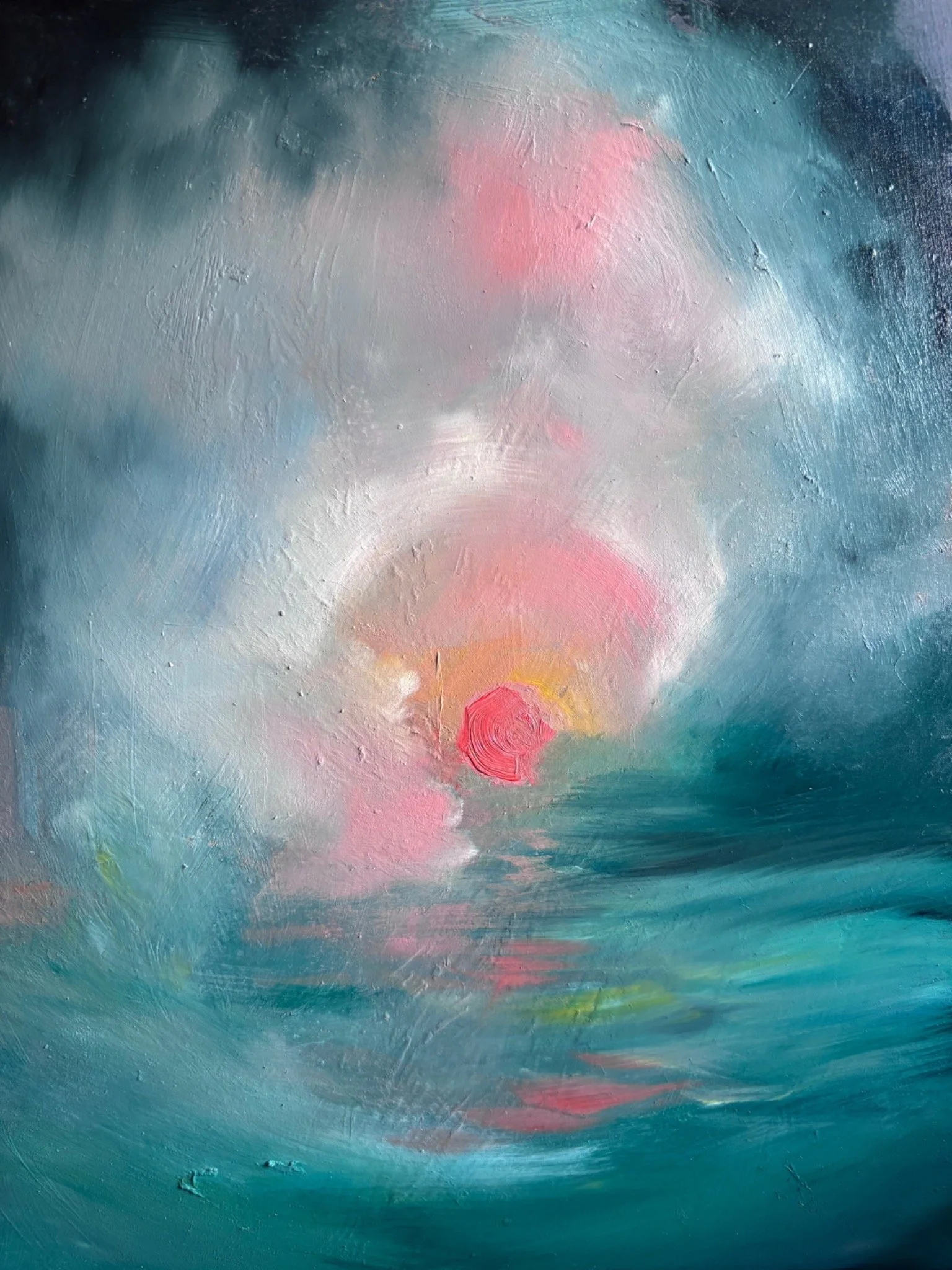 An abstract painting in soft blue, teal, white, and pink.