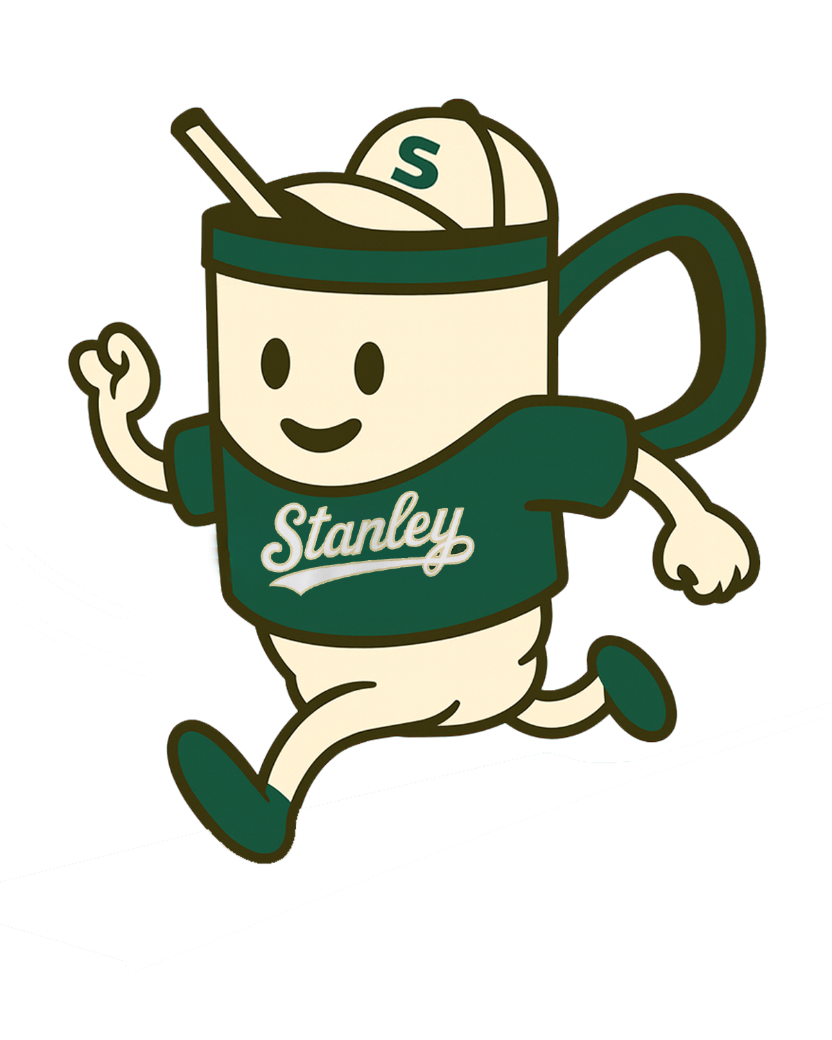 Cartoon mascot of a steaming coffee cup with a smiling face, wearing a green sports jersey with 'Stanley' written on it, running on a path.