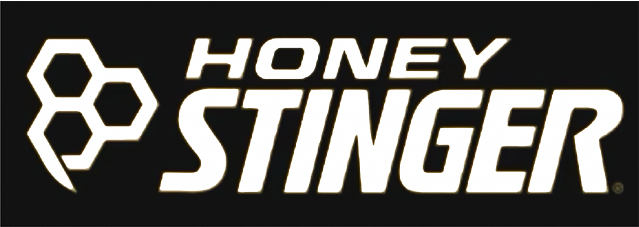 Honey Stinger logo with hexagon honeycomb design in white on black background.