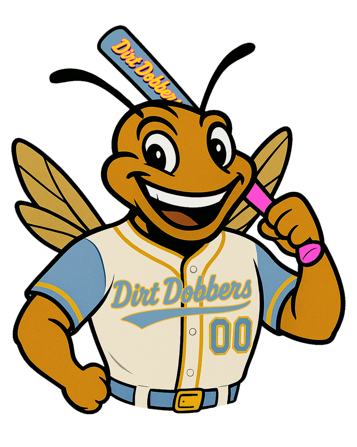 A cheerful cartoon dirtdobber bee wearing a black baseball jersey with "Dobbinsville" in yellow letters, smiling, with one hand on its hip and the other pointing to its head.