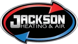 Logo for Jackson Heating & Air with a black background, red and blue arrows, and white text.