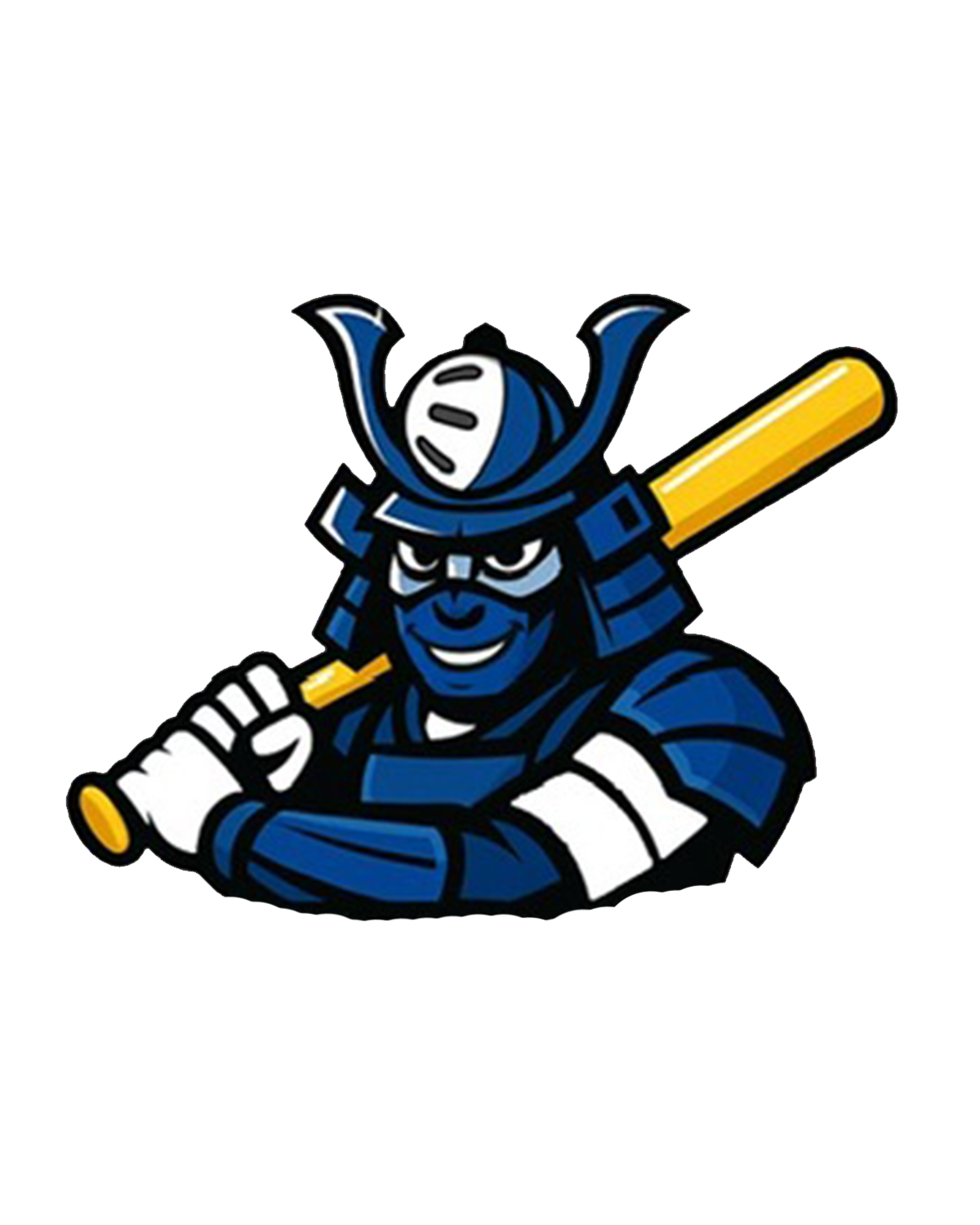 Cartoon-style ninja dressed as a samurai warrior holding a yellow sword, wearing a dark blue helmet with white accents and a fierce facial expression.