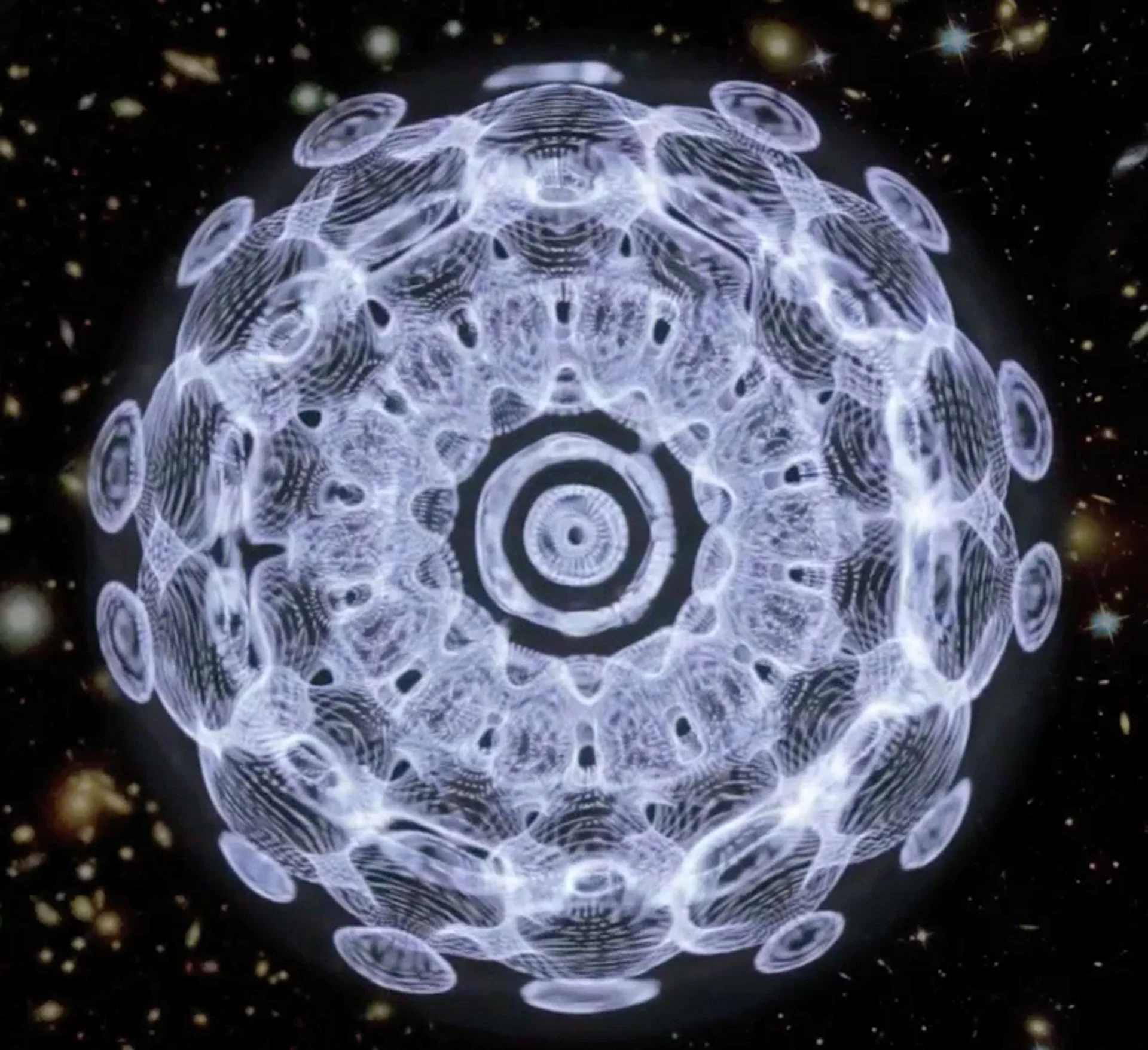 A glowing, intricate, spherical alien-like structure with layered, concentric, circular patterns floating in outer space with stars in the background.